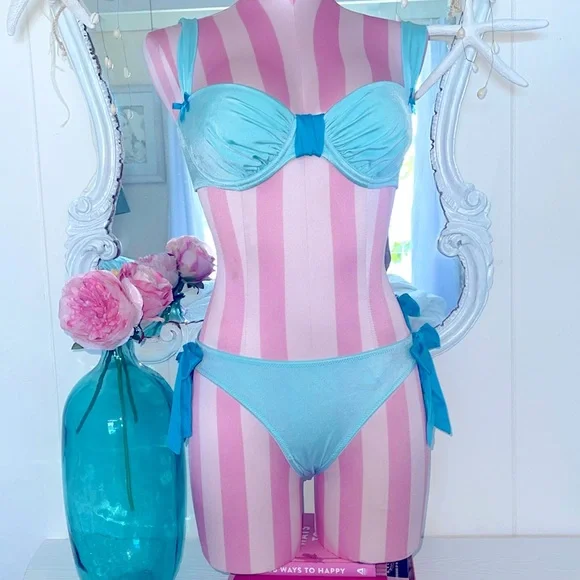 VS 2 PC Bride Tiffany Blue Wedding Demi Lined Bra Bling Bow Panties - Picture 2 of 9